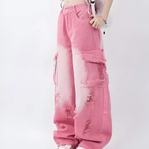 Soft Girl Y2K Distressed Cargo Jeans for Trendy Aesthetic Outfits