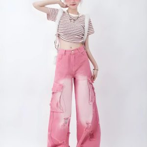 Soft Girl Y2K Distressed Cargo Jeans for Trendy Aesthetic Outfits