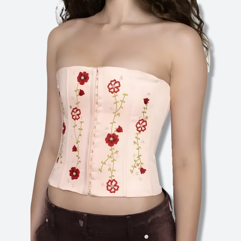 Soft Girl Y2K Embroidered Beaded Corset Top - Cute Aesthetic Fashion Essential