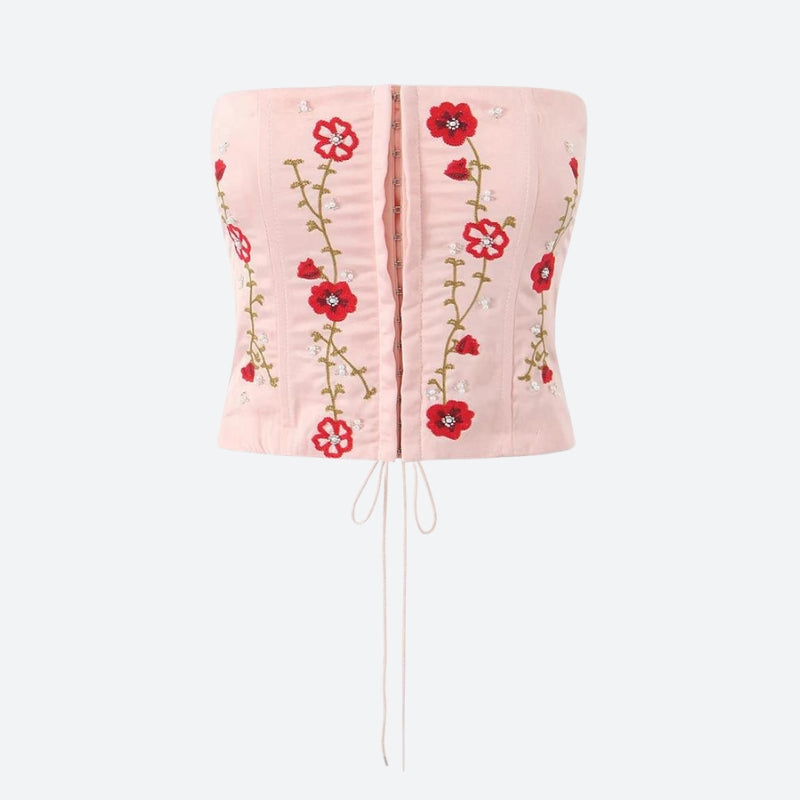 Soft Girl Y2K Embroidered Beaded Corset Top - Cute Aesthetic Fashion Essential