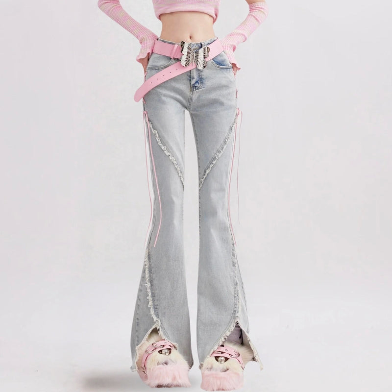 Soft Girl Y2K Lace-Up Slit Flare Jeans for Trendy Aesthetic Outfits