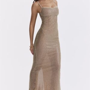 Sparkle Sequined Y2K Aesthetic Fit Maxi Dress for Glamorous Nights Out