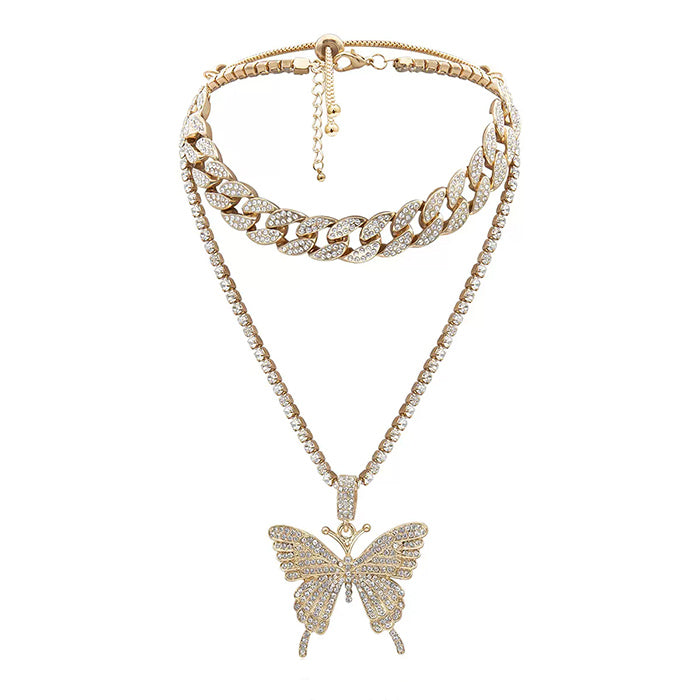 Sparkling Butterfly Rhinestone Layered Necklace for Y2K and Coquette Aesthetic Styles