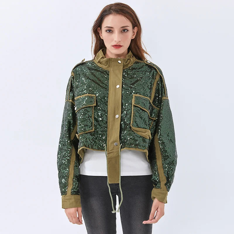 Sparkly Disco Cowgirl Sequined Zip-Up Jacket for Y2K Fashion Lovers