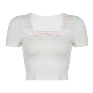 Square Neck Lace Trim Tee - Y2K Fashion Essential for Coquette and Grunge Aesthetics