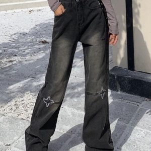 Star Embroidery High Rise Boyfriend Jeans - Y2K Aesthetic Denim for Trendy Outfits