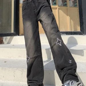 Star Embroidery High Rise Boyfriend Jeans - Y2K Aesthetic Denim for Trendy Outfits