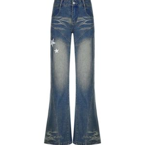 Star Patch Embroidery Split Line Flare Jeans - Y2K Aesthetic Denim for Trendy Outfits