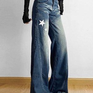 Star Patch Embroidery Split Line Flare Jeans - Y2K Aesthetic Denim for Trendy Outfits