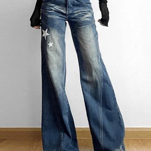 Star Patch Embroidery Split Line Flare Jeans - Y2K Aesthetic Denim for Trendy Outfits