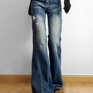 Star Patch Embroidery Split Line Flare Jeans - Y2K Aesthetic Denim for Trendy Outfits