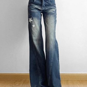 Star Patch Embroidery Split Line Flare Jeans - Y2K Aesthetic Denim for Trendy Outfits