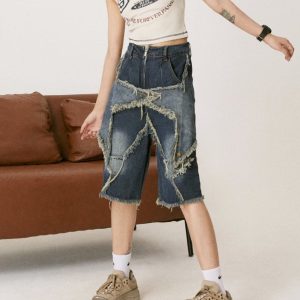 Star Patch High-Waisted Denim Shorts - Y2K Aesthetic Cute Cargo Style for Trendy Outfits