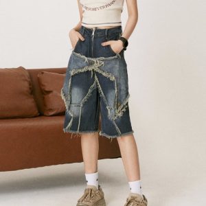 Star Patch High-Waisted Denim Shorts - Y2K Aesthetic Cute Cargo Style for Trendy Outfits