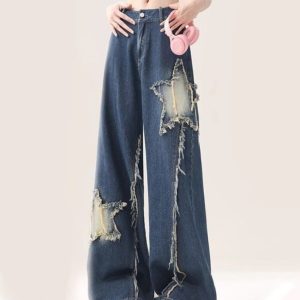 Star Patch Wide Leg Jeans - Y2K Aesthetic Denim for Trendy Outfits and Casual Style