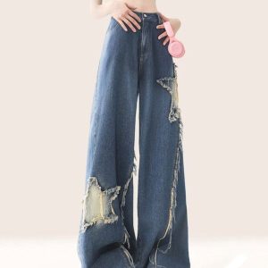 Star Patch Wide Leg Jeans - Y2K Aesthetic Denim for Trendy Outfits and Casual Style