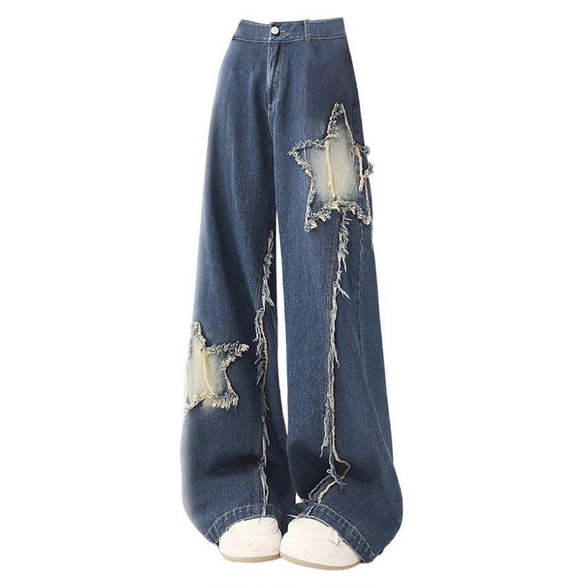 Star Patch Wide Leg Jeans - Y2K Aesthetic Denim for Trendy Outfits and Casual Style