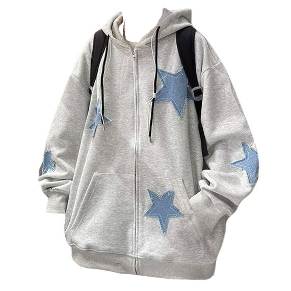 Star Patch Y2K Aesthetic Zip Up Hoodie - Trendy Grunge Style for Cozy Outfits