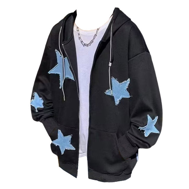 Star Patch Y2K Aesthetic Zip Up Hoodie - Trendy Grunge Style for Cozy Outfits