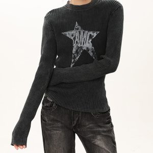 Star Print Ribbed Long Sleeve Top - Y2K Aesthetic Cute Top for Grunge and Coquette Styles