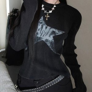 Star Print Ribbed Long Sleeve Top - Y2K Aesthetic Cute Top for Grunge and Coquette Styles