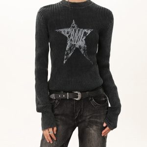 Star Print Ribbed Long Sleeve Top - Y2K Aesthetic Cute Top for Grunge and Coquette Styles