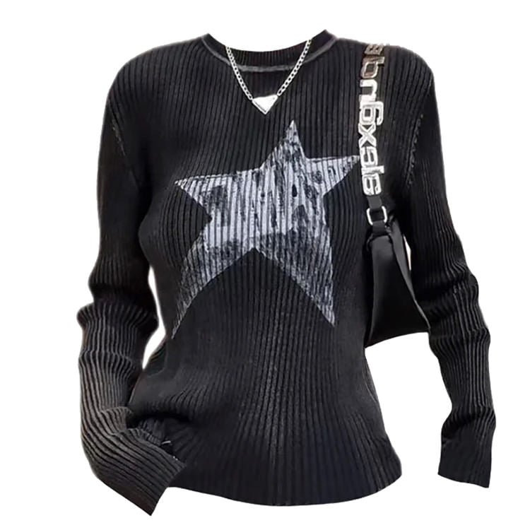 Star Print Ribbed Long Sleeve Top - Y2K Aesthetic Cute Top for Grunge and Coquette Styles