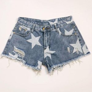 Star Print Ripped Low Rise Denim Shorts for Y2K Aesthetic Outfits and Grunge Style