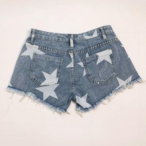 Star Print Ripped Low Rise Denim Shorts for Y2K Aesthetic Outfits and Grunge Style