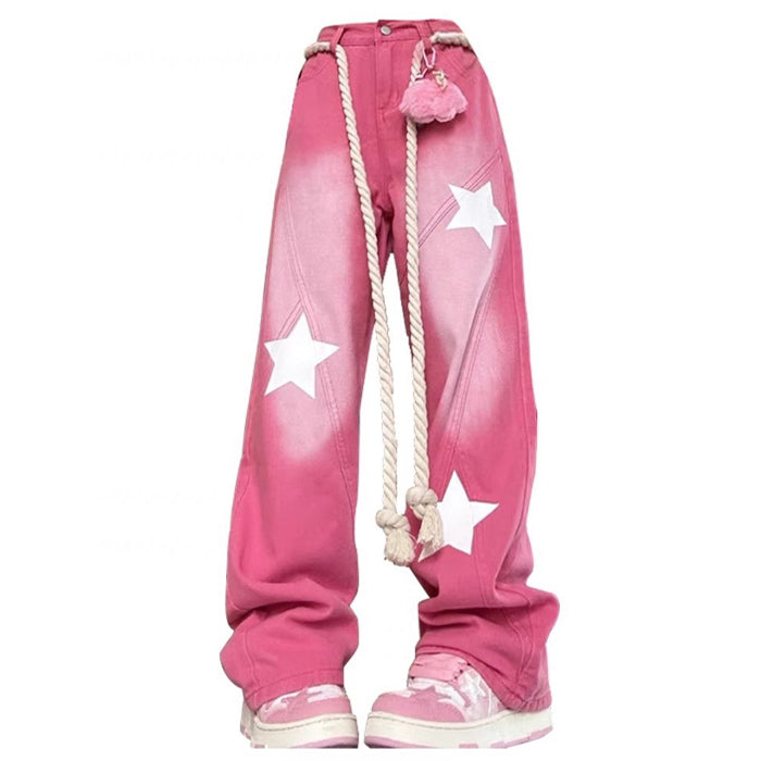 Star Print Y2K Pink Cargo Jeans for Trendy Aesthetic Outfits and Retro Vibes