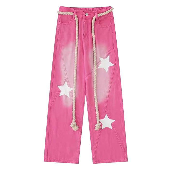 Star Print Y2K Pink Cargo Jeans for Trendy Aesthetic Outfits and Retro Vibes