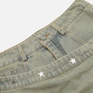 Star Rivet Leg Sleeves Denim Jorts - Y2K Aesthetic Grunge Style for Trendy Outfits