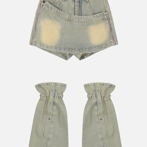 Star Rivet Leg Sleeves Denim Jorts - Y2K Aesthetic Grunge Style for Trendy Outfits