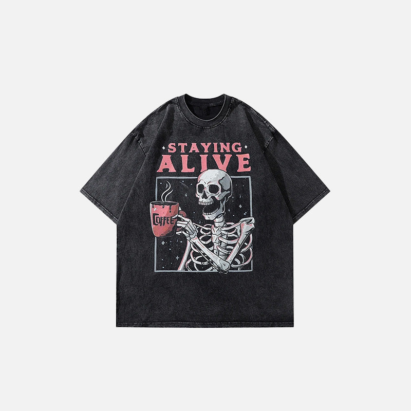 Staying Alive Skeleton T-Shirt - Y2K Grunge Aesthetic Tee for Edgy Fashion Lovers