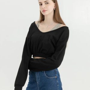 Strap Detailed Wide Neck Y2K Crop Sweatshirt for Trendy Coquette Aesthetic Outfits