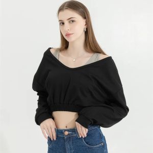 Strap Detailed Wide Neck Y2K Crop Sweatshirt for Trendy Coquette Aesthetic Outfits