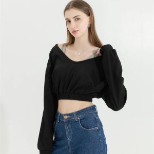 Strap Detailed Wide Neck Y2K Crop Sweatshirt for Trendy Coquette Aesthetic Outfits