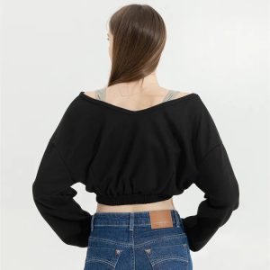 Strap Detailed Wide Neck Y2K Crop Sweatshirt for Trendy Coquette Aesthetic Outfits