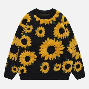 Sunflower Flocking Print Y2K Aesthetic Sweater - Cute and Comfy for Every Occasion