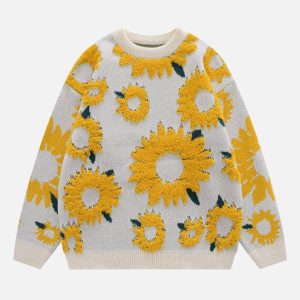 Sunflower Flocking Print Y2K Aesthetic Sweater - Cute and Comfy for Every Occasion