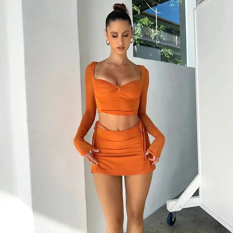 Sweetheart Tangerine Dream Y2K Aesthetic Mini Skirt Set for Trendy Outfits