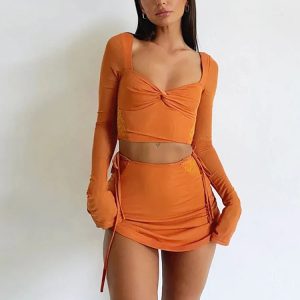 Sweetheart Tangerine Dream Y2K Aesthetic Mini Skirt Set for Trendy Outfits