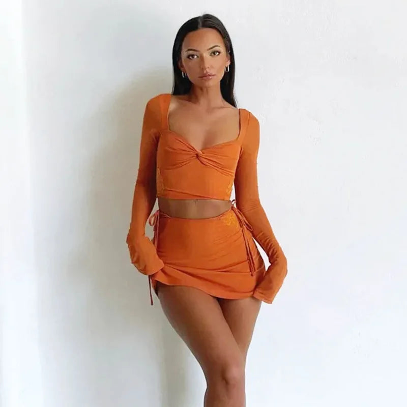 Sweetheart Tangerine Dream Y2K Aesthetic Mini Skirt Set for Trendy Outfits