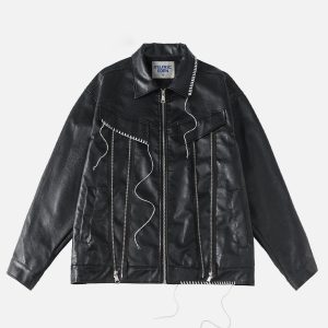 Tassel Patchwork Faux Leather Jacket - Y2K Aesthetic Grunge Style Outerwear for Trendy Looks