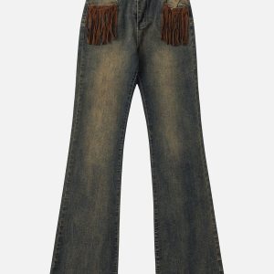 Tassel Pocket Y2K Washed Jeans for Trendy Grunge and Coquette Aesthetic Outfits