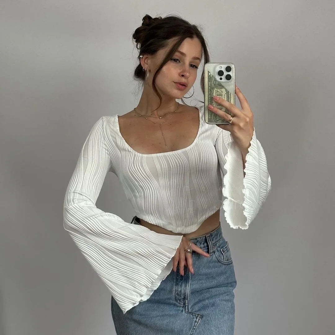 Textured Flare Flutter Crop Top - Y2K Aesthetic Cute Top for Stylish Outfits