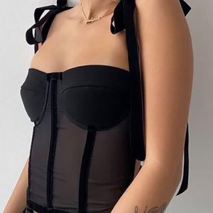 Tied Mesh Corset Crop Top - Y2K Aesthetic Cute Top for Coquette and Grunge Styles