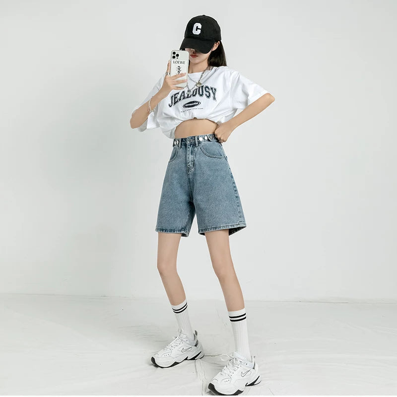 Trendy Adjustable Waist Denim Shorts for Y2K Aesthetic and Grunge Style Outfits