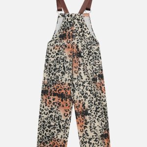 Trendy Apricot Leopard Print Overalls for Y2K Fashion and Coquette Aesthetic Outfits