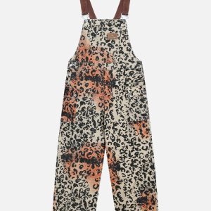 Trendy Apricot Leopard Print Overalls for Y2K Fashion and Coquette Aesthetic Outfits